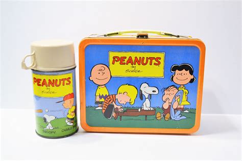 peanuts charlie brown lunch box metal|vintage peanuts lunch box thermos.